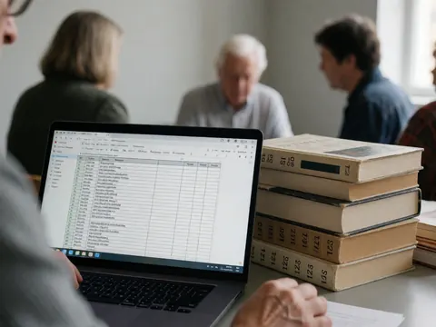 Hands typing on a laptop spreadsheet with library books on a desk, academic research scene in a study room