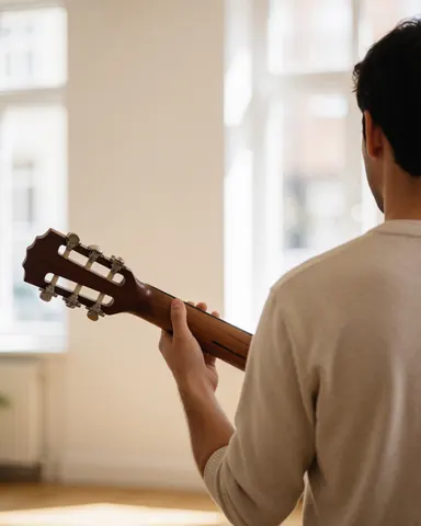 A student playing an acoustic guitar in a music studio with white walls and natural light, suitable for a music academy.
