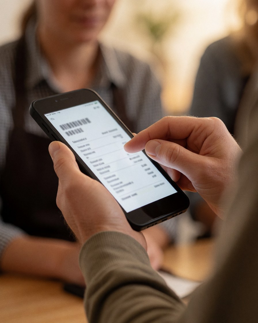 Close-up of a customer's hand signing a digital invoice on a smartphone screen in a warmly lit store, highlighting modern technology in customer service.