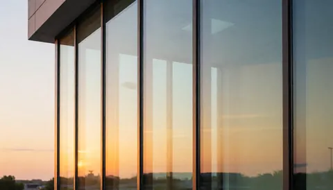 Modern glass facade reflecting warm sunset tones, ideal for commercial business cover imagery