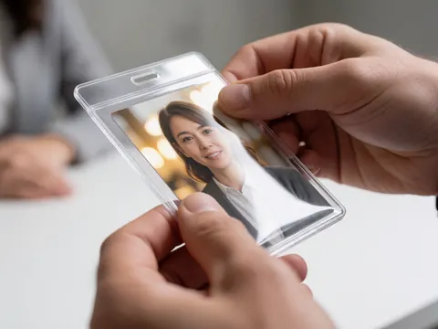 Hands placing a photo into a clear magnetic ID badge on a white surface, suitable for professional business identification purposes.