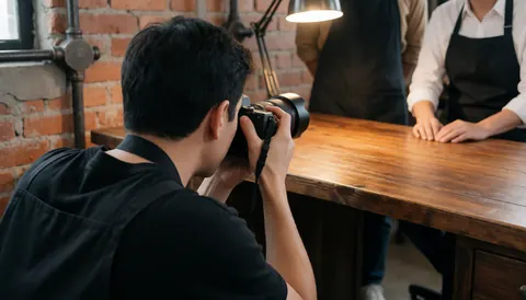 Professional photographer captures images of a polished wooden table in a space with exposed brick walls and desk lighting.