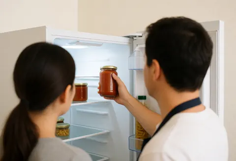A person wearing an apron places a pitcher of sauce into a clean white refrigerator with bright lighting and organized shelves.