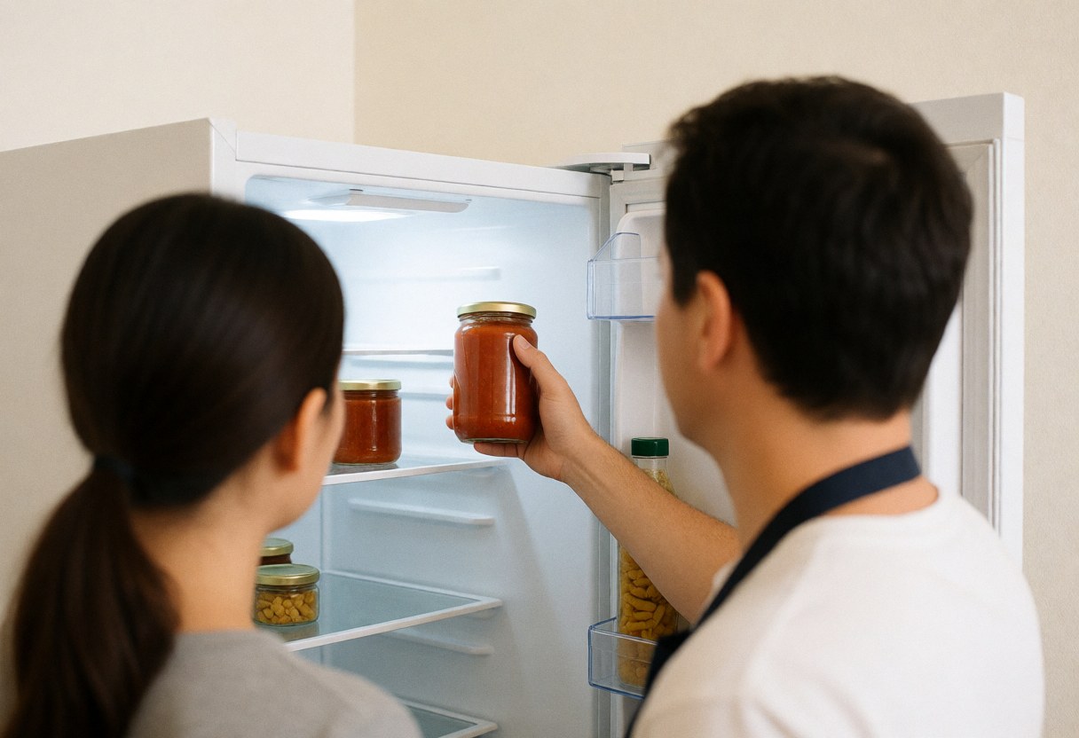 A person wearing an apron places a pitcher of sauce into a clean white refrigerator with bright lighting and organized shelves.