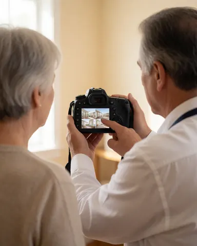 An inspector shows photos on a dslr camera screen to a client in a beige room with warm light to review business condition.
