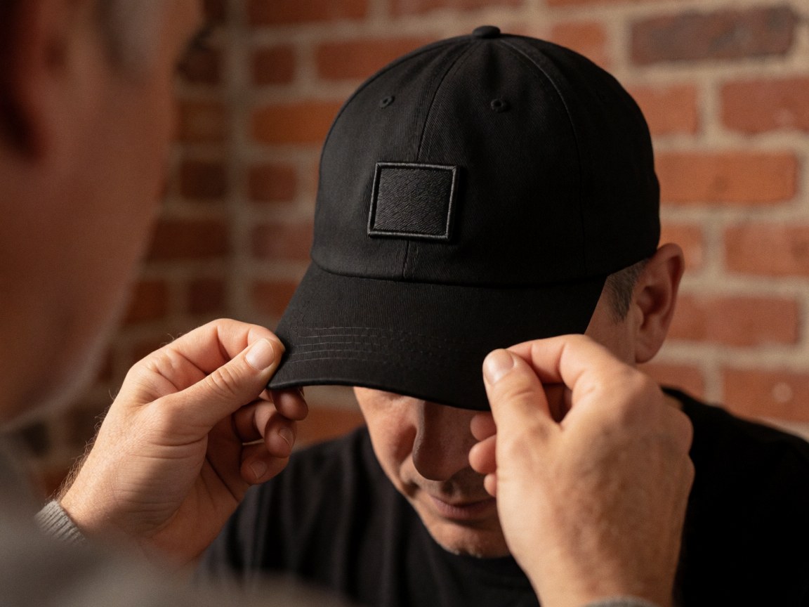 Close-up detail of a black cap featuring an embroidered patch, highlighting textile texture and stitching against a red brick wall background.