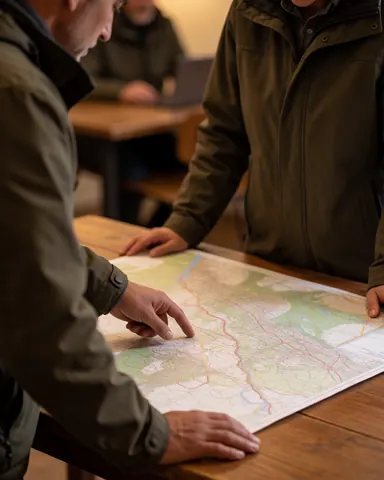 Cycling instructor and client examine a topographic map in an office setting with wooden elements and outdoor attire.
