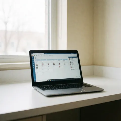 Laptop displaying appointment management interface on a white desk next to a window with natural light and beige wall