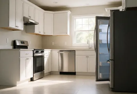 Clean modern kitchen featuring an open stainless steel refrigerator displaying its interior, suitable for any business storefront or interior design context.