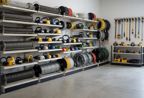 Industrial storage shelves stocked with power tools and cable rolls in a repair business warehouse