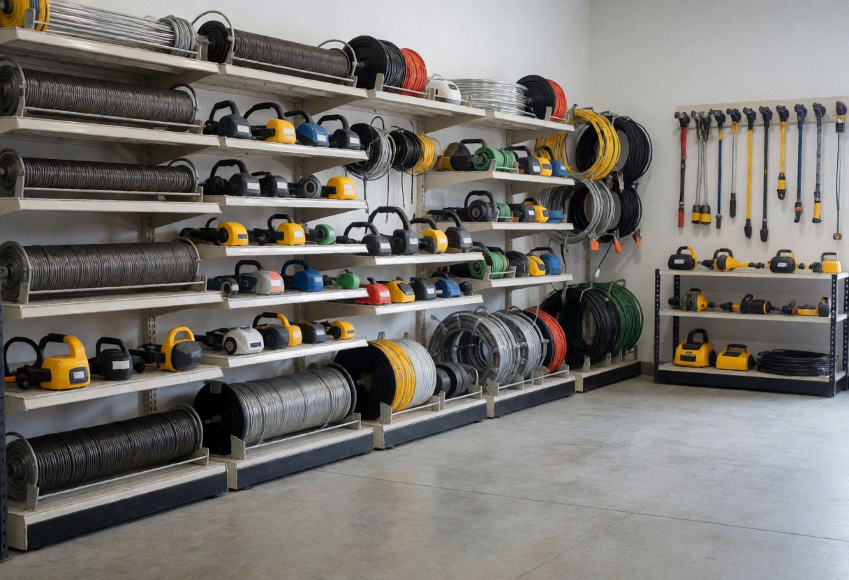 Industrial storage shelves stocked with power tools and cable rolls in a repair business warehouse