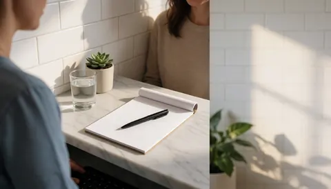 White marble desk featuring an open notebook, pen, glass of water, and a small succulent plant in a clean modern office setting