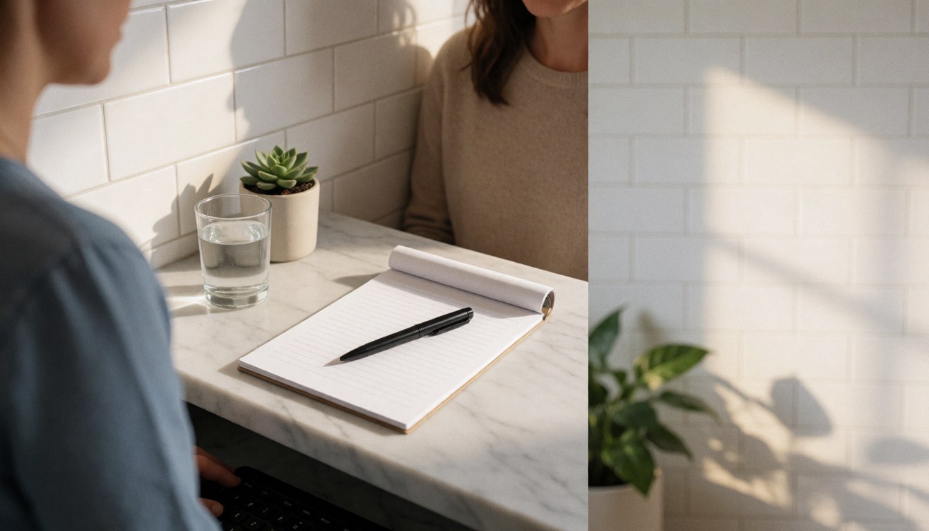 White marble desk featuring an open notebook, pen, glass of water, and a small succulent plant in a clean modern office setting