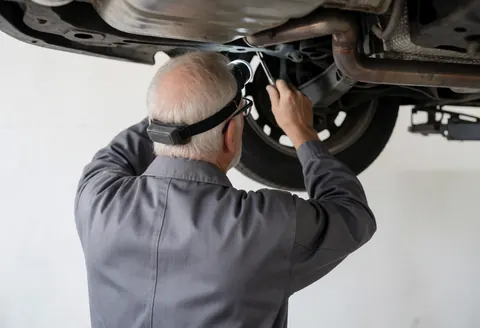 Mechanic wearing helmet and using tool while working under a car in a workshop with a white wall for automotive repair service