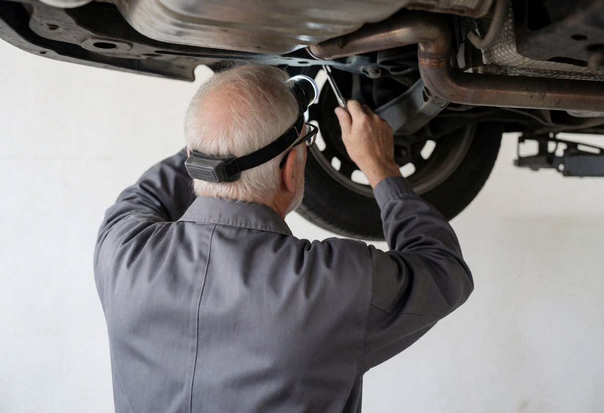 Mechanic wearing helmet and using tool while working under a car in a workshop with a white wall for automotive repair service