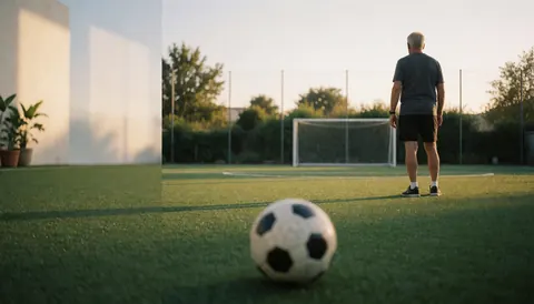 Back view of a person standing on an artificial turf soccer field looking toward the goal during golden hour lighting