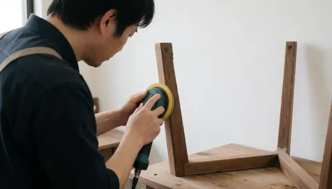 A man using an electric sander on a piece of wood in a furniture repair workshop with tools visible in the background.