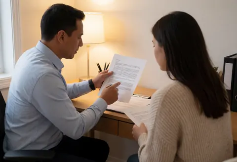A man and woman review documents in a warmly lit office, highlighting attention to detail in legal or financial services.