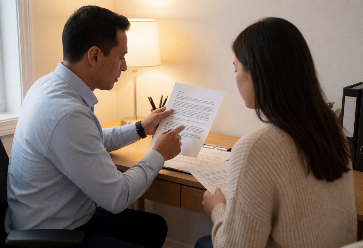 A man and woman review documents in a warmly lit office, highlighting attention to detail in legal or financial services.