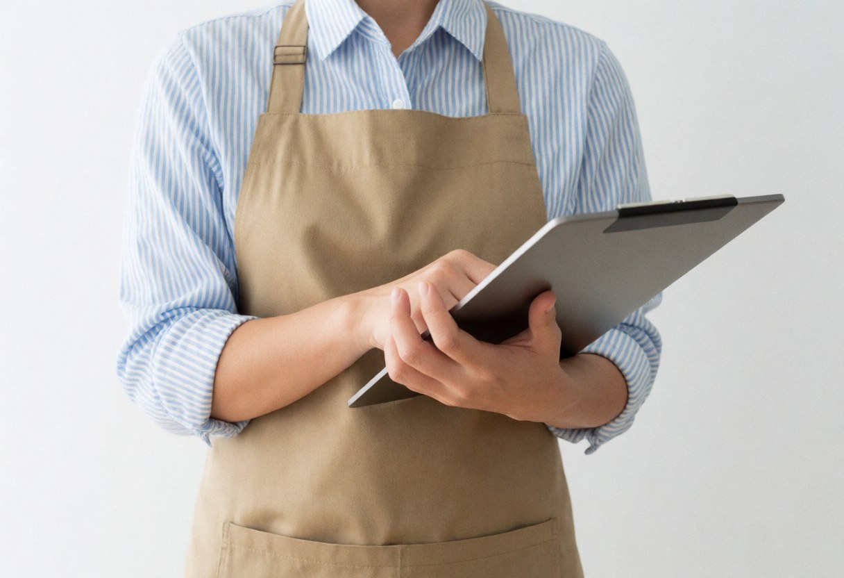 Person wearing an apron and striped shirt using a digital tablet against a white background, suitable for professional services.