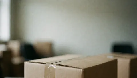Cardboard boxes with tape in an office, serving as a background for business text.