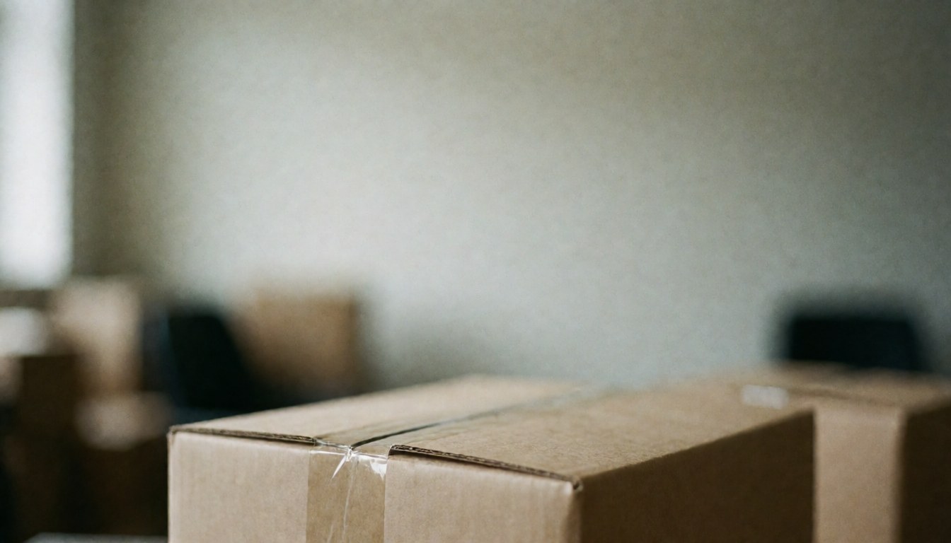 Cardboard boxes with tape in an office, serving as a background for business text.