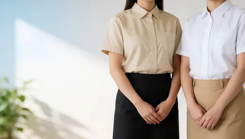 Two female office workers in short-sleeve uniforms standing in a bright office with a white wall and natural light, with copy space on the left.