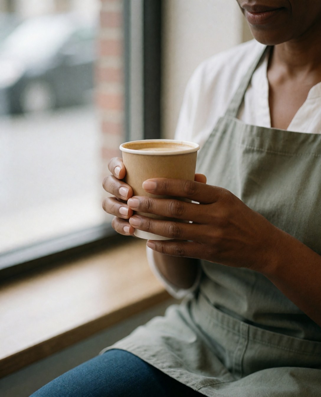 A person wearing an apron holding a coffee cup near a window in a cozy cafe setting