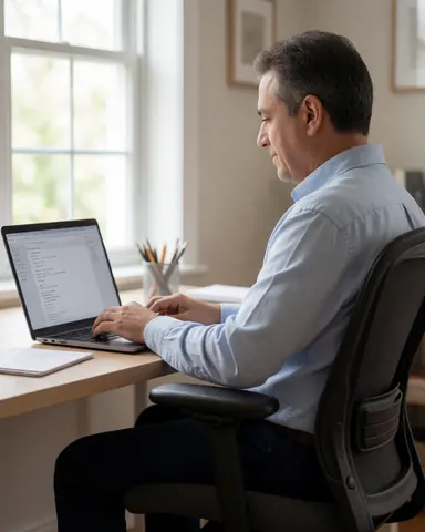 An adult man sits in an ergonomic chair working on a laptop near a window with natural light in a professional home office setting.