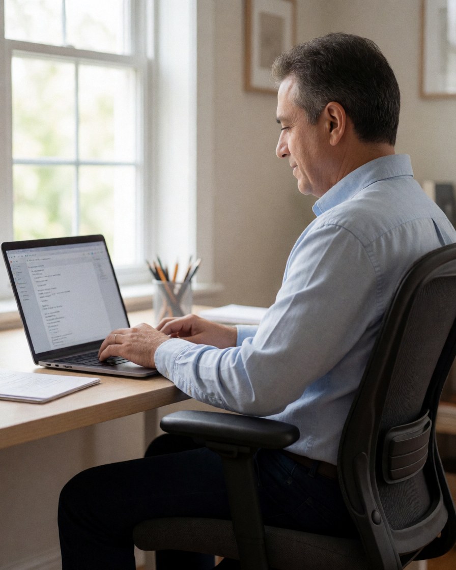 An adult man sits in an ergonomic chair working on a laptop near a window with natural light in a professional home office setting.