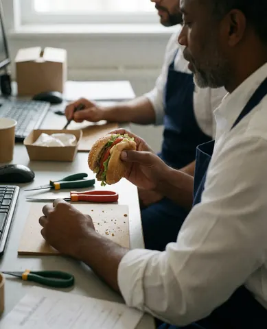 A satisfied client enjoying a hamburger and fries at a clean office desk with a computer and tools nearby.