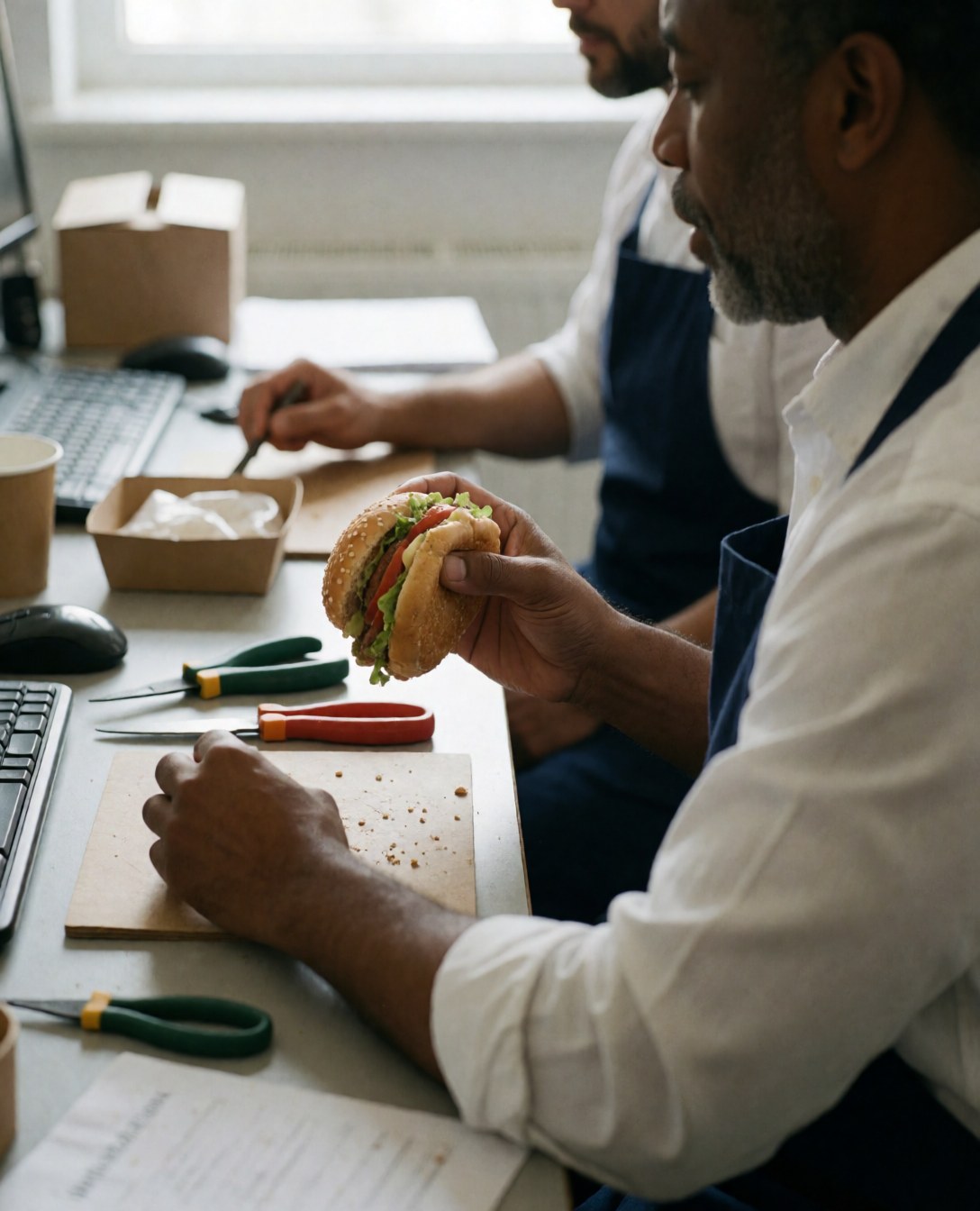 A satisfied client enjoying a hamburger and fries at a clean office desk with a computer and tools nearby.