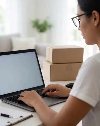 A professional works on a laptop in a modern workspace with shipping boxes ready to send, ideal for an online business.