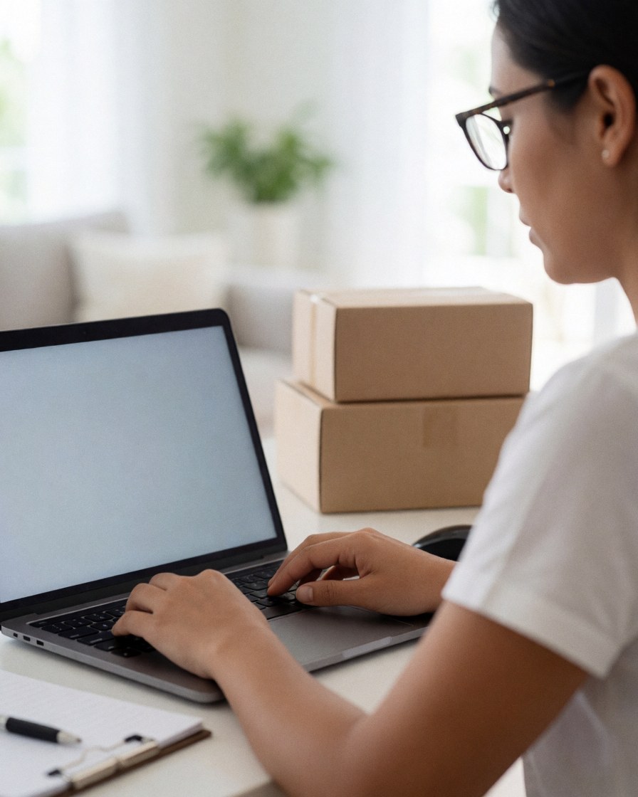 A professional works on a laptop in a modern workspace with shipping boxes ready to send, ideal for an online business.