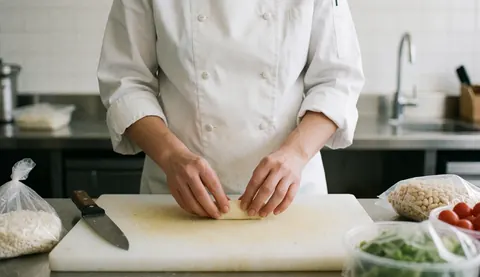 A chef prepares dough on a cutting board surrounded by fresh ingredients in a professional kitchen setting.
