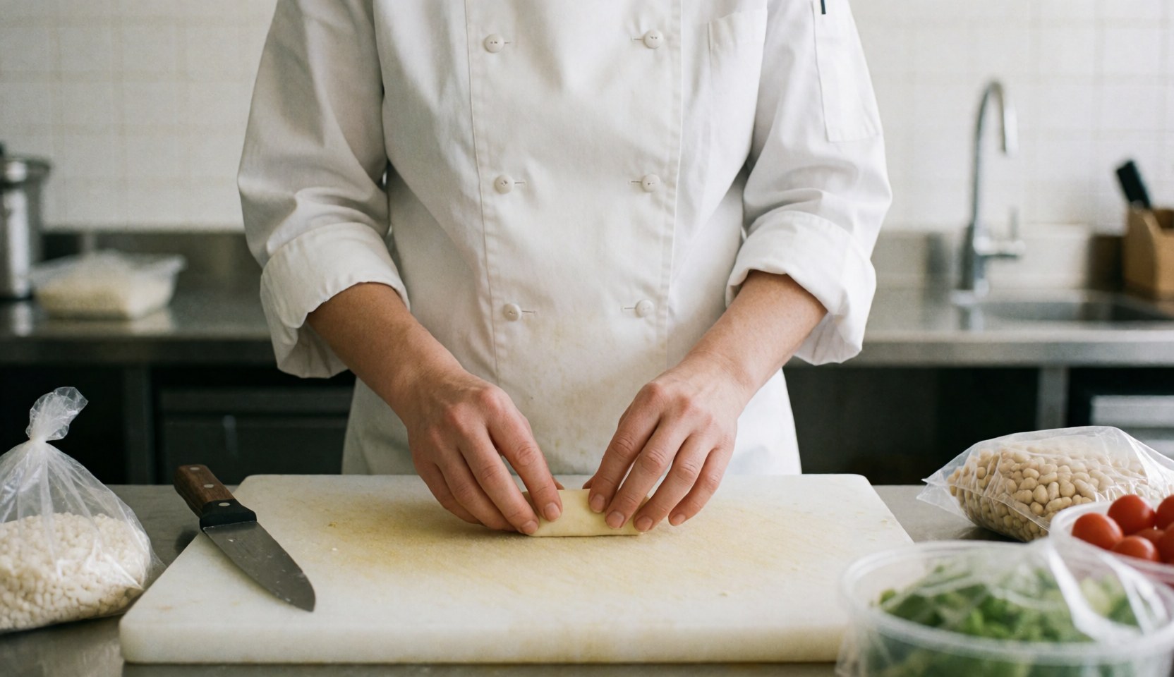A chef prepares dough on a cutting board surrounded by fresh ingredients in a professional kitchen setting.