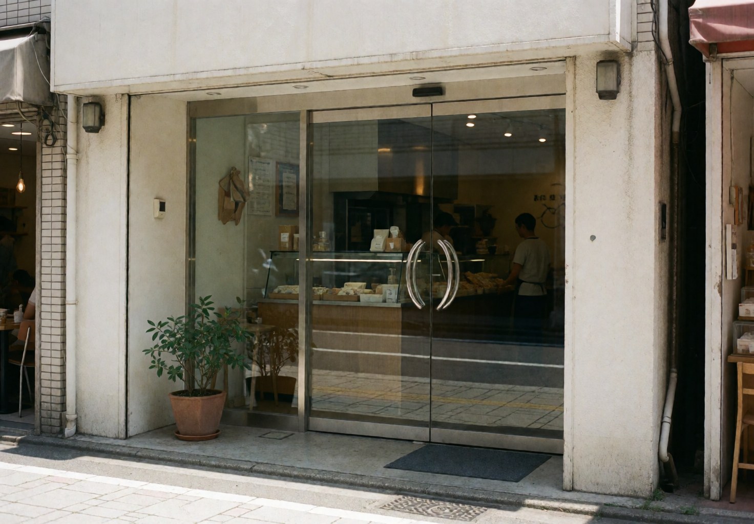 Store entrance featuring a glass door, white walls, and a potted plant with reflections on the glass surface