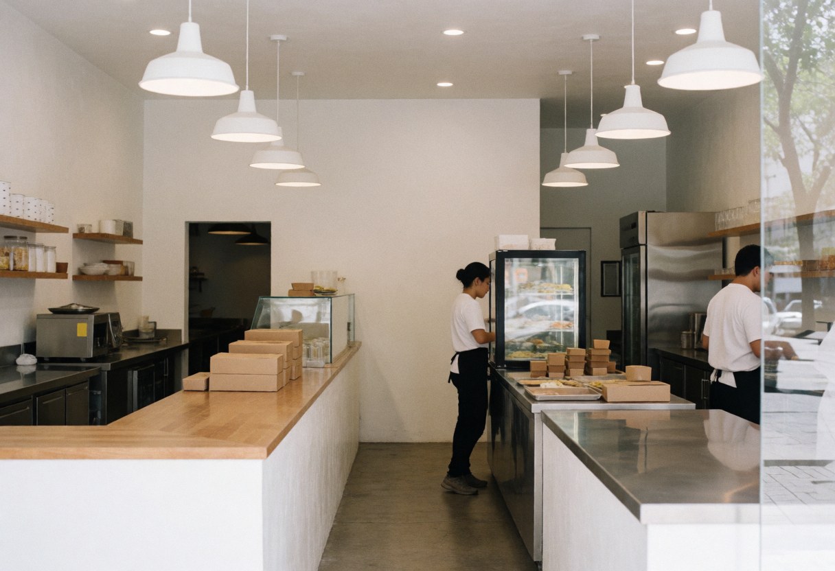 Employees serving cakes in a modern bakery with stainless steel counters and white hanging lights