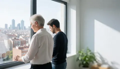 Two professionals observe the city skyline from a window with natural light in a modern minimalist space