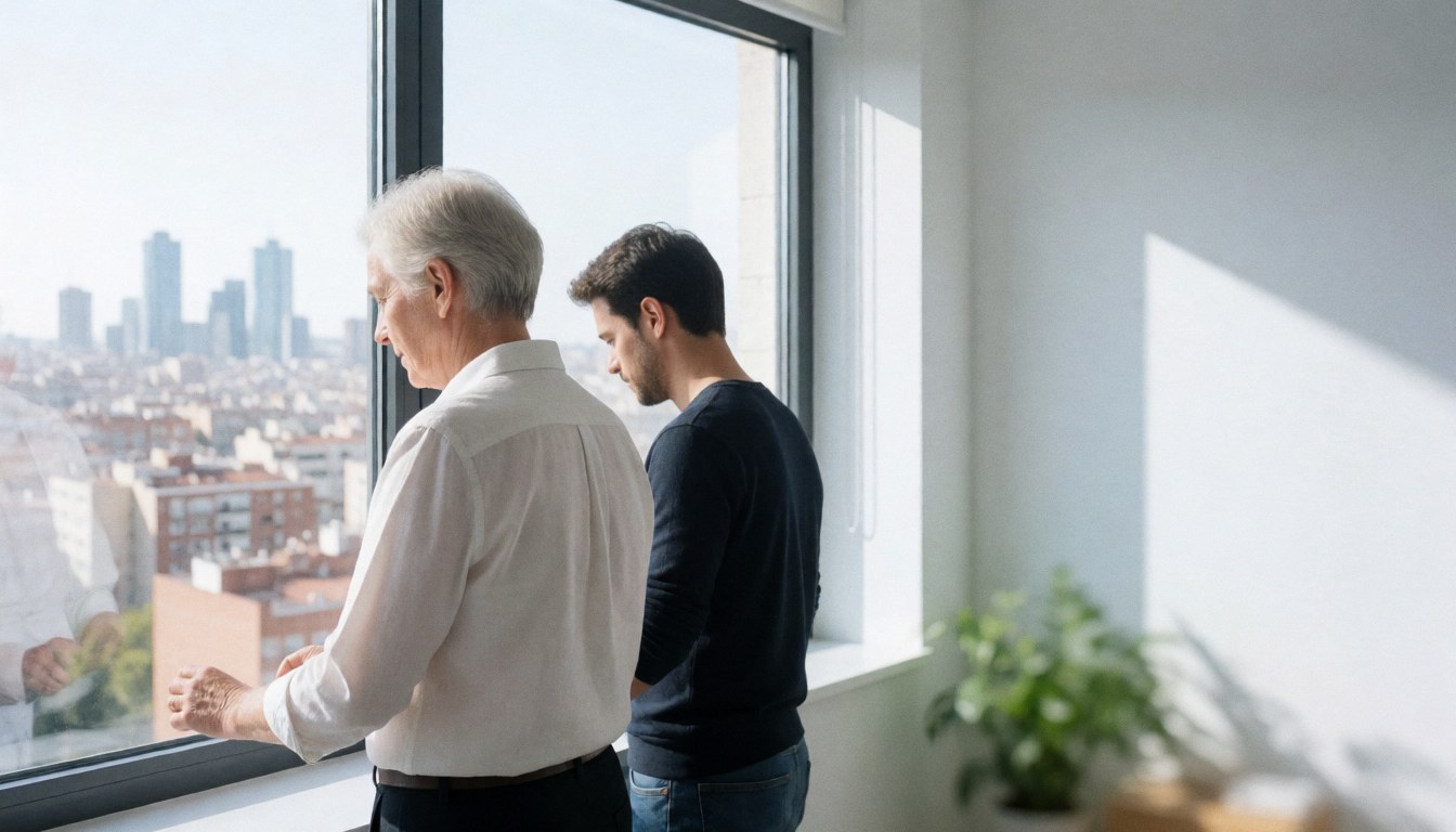 Two professionals observe the city skyline from a window with natural light in a modern minimalist space