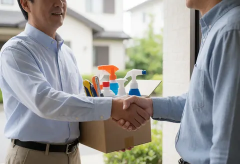 A man carrying a box of cleaning supplies to a residential home, illustrating a service in action.