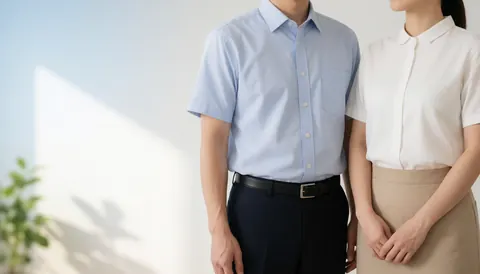 Two business people wearing office shirts and pants standing against a white background with natural light