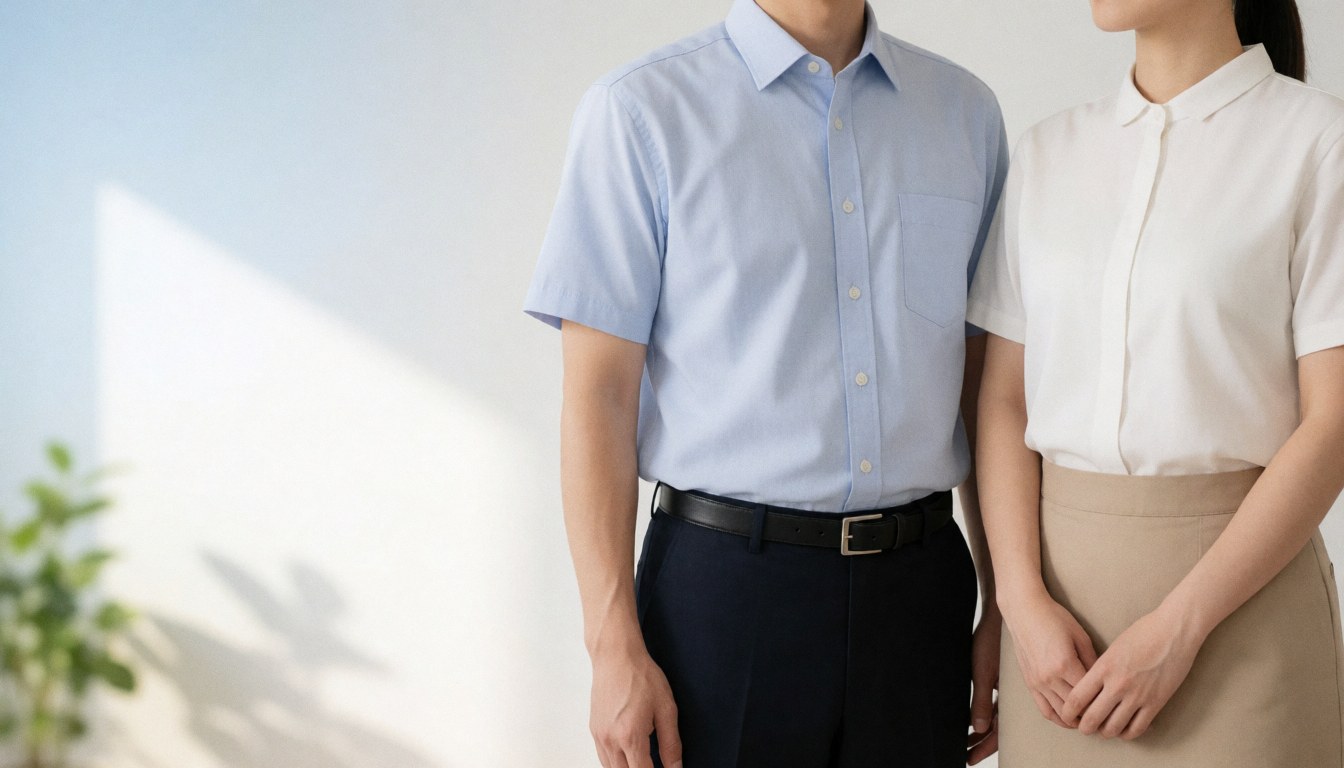 Two business people wearing office shirts and pants standing against a white background with natural light