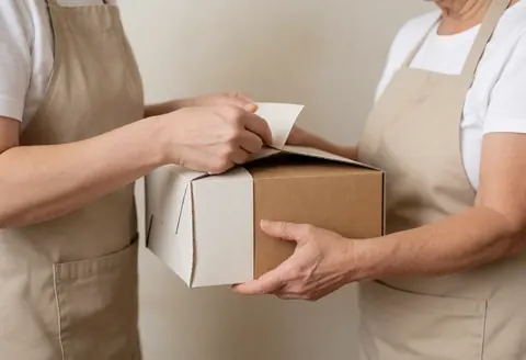 Two individuals wearing aprons are handing over a taped cardboard box, illustrating a product delivery service in action for a business.