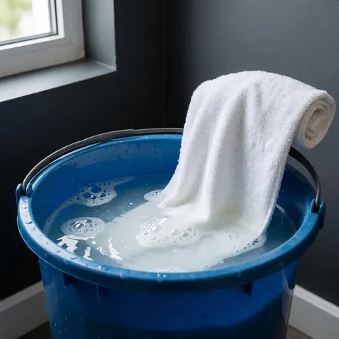 A white microfiber cloth soaking in soapy water inside a blue plastic bucket, ideal for professional cleaning tasks and surface maintenance.