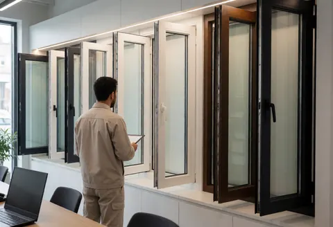 Technician inspecting aluminum and PVC windows in a modern showroom with professional lighting