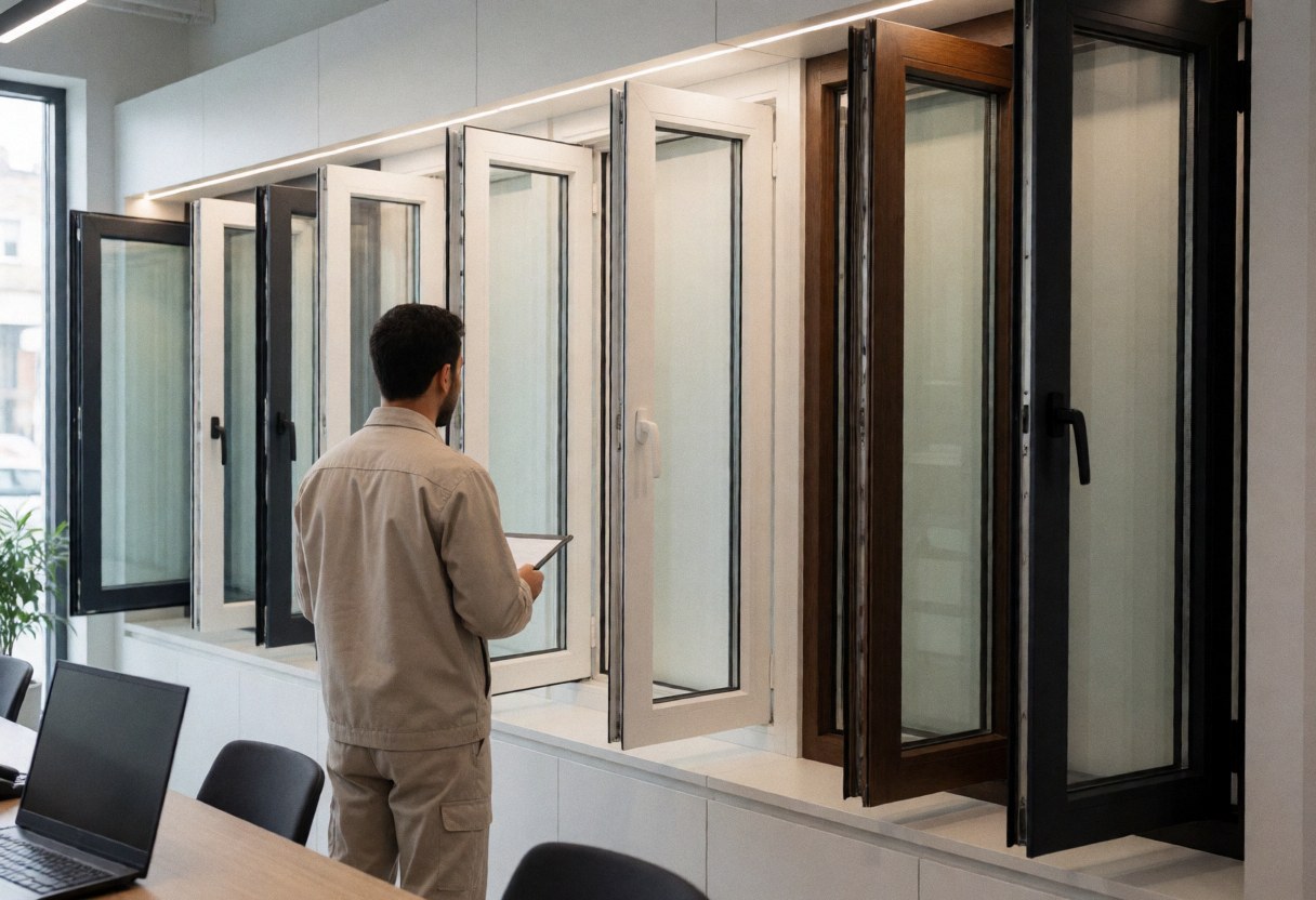 Technician inspecting aluminum and PVC windows in a modern showroom with professional lighting