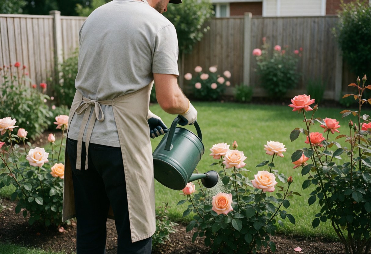 A gardener watering roses in a residential garden with a wooden fence and soft natural light