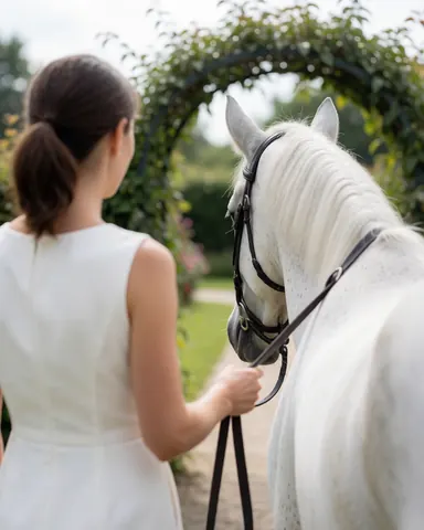 A woman standing with her back to the camera next to a white horse near a garden archway, suitable for equestrian center marketing.