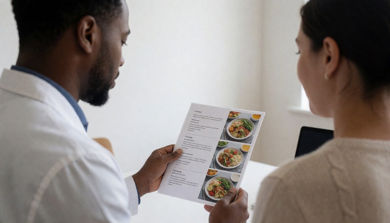 A personal trainer displays a nutrition guide to a client during a consultation in a bright room with natural light.
